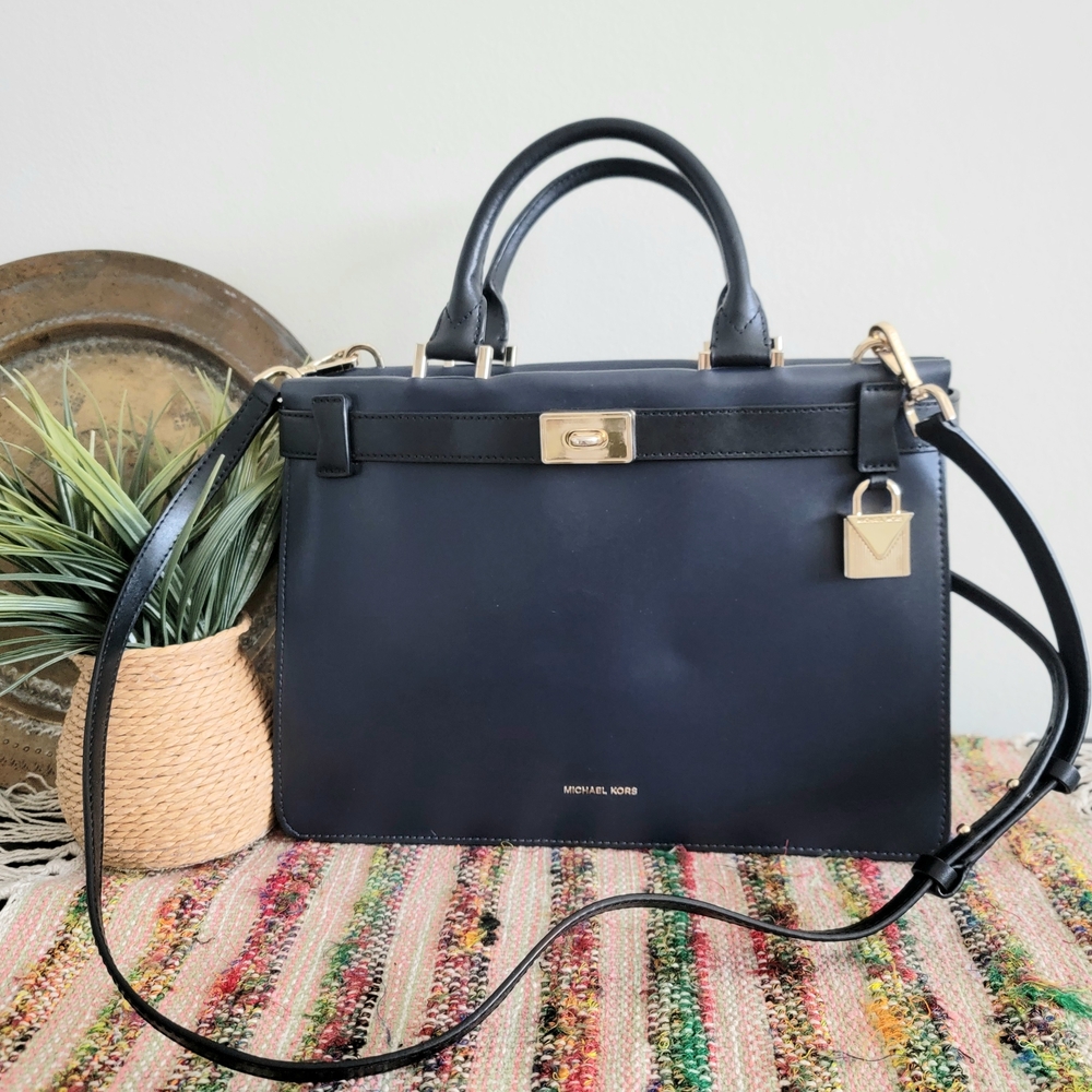 Michael Kors Blue And Black Leather Satchel Bag With Long Strap